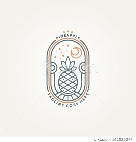 simple modern pineapple fruit line art badge logo template vector illustration design. minimalist pineapple fruit with night sky view geometric style emblem logo concept 141026074