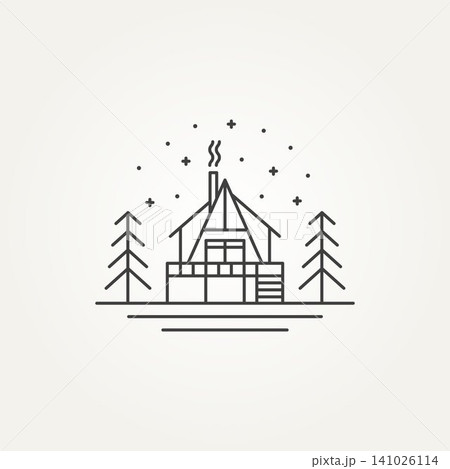 minimalist cabin house line art icon logo template vector illustration design. simple cabin or cottage house in the middle of forest at night logo concept 141026114