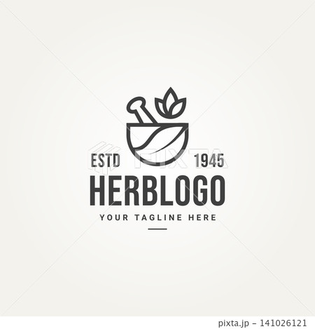 minimalist isolated natural herb line art badge logo template vector illustration design. simple mortar pestle leaf bowl alternative medicine pharmacy emblem logo concept 141026121