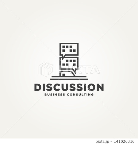 minimalist building with bubble chat talk line art icon logo template vector illustration design. simple business consulting logo concept minimalist building with bubble chat talk line art icon logo template vector illustration design. simple business consulting logo concept 141026316