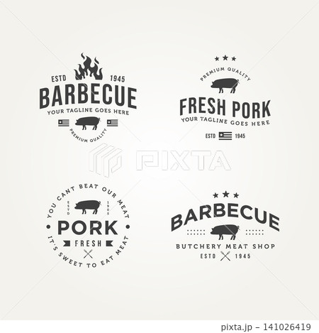 set of vintage classic barbecue fresh pork icon logo template vector illustration design. retro butchery, meat shop, restaurant logo concept 141026419