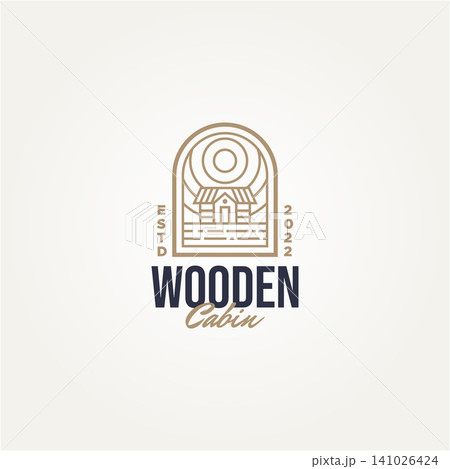 minimalist log wooden cabin with sunrise icon logo template vector illustration design. simple modern cottage, lodge, housing emblem logo icon concept minimalist log wooden cabin with sunrise icon logo template vector illustration design. simple modern cottage, lodge, housing emblem logo icon concept 141026424