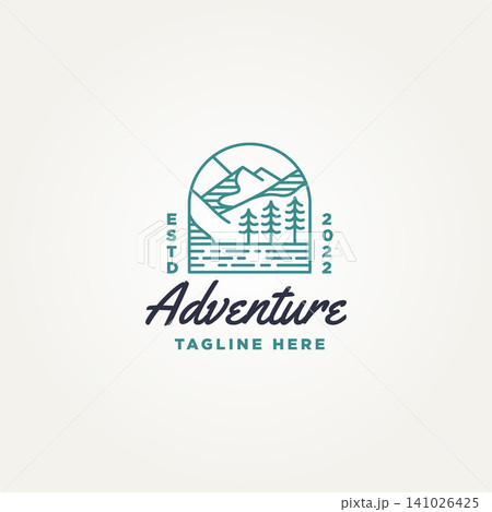 minimalist mountain outdoor adventure icon logo template vector illustration design. simple modern landscape mountain nature with river logo concept minimalist mountain outdoor adventure icon logo template vector illustration design. simple modern landscape mountain nature with river logo concept 141026425