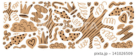 Hand drawn paper cutout craft shapes with tactile doodle texture. Naive scrapbook paper elements and abstract geometric cutout collage for journaling. Vector set of brown sticker shapes for kid poster Hand drawn paper cutout craft shapes with tactile doodle texture. Naive scrapbook paper elements and abstract geometric cutout collage for journaling. Vector set of brown sticker shapes for kid poster 141026509