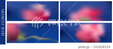 Gentle blur flowers on liquid blue backgrounds set. Abstract ethereal florals fluid gradient backdrop. Vector spring botanical gradation template for fashion trendy presentation. Smooth blurry bg 141026524