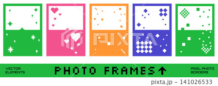 Pixel photo frames with confetti border in funky 8 bit game aesthetic. White heart, star and blink spark shapes on colorful background. Vector pixel frame set for kid birthday party and scrapbook Pixel photo frames with confetti border in funky 8 bit game aesthetic. White heart, star and blink spark shapes on colorful background. Vector pixel frame set for kid birthday party and scrapbook 141026533