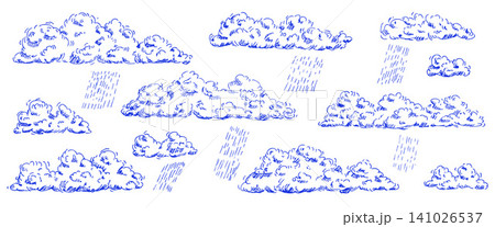 Bad weather set. Hand-drawn clouds with rain in simple blue pencil sketch. Sky mediterranean elements with pen line. Windy storm sky ink drawing. Vector illustration for nature themes. Cloudy weather 141026537
