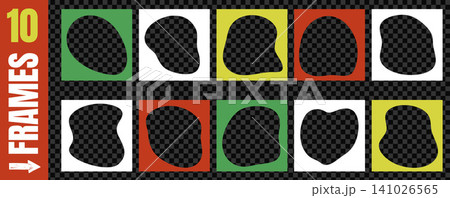 Organic square frame with bold border for music album podcast cover. Squishy blob shapes and irregular outline on green white red. Vector undulated frames with checkered background as transparent png Organic square frame with bold border for music album podcast cover. Squishy blob shapes and irregular outline on green white red. Vector undulated frames with checkered background as transparent png 141026565