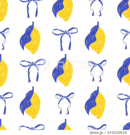 Spring lemon pattern on white with blue leaf and bow ribbon. Coquette fruit print for preppy textile in hand drawn crayon. Flirtatious lemon vector seamless pattern with whimsical Italian motif Spring lemon pattern on white with blue leaf and bow ribbon. Coquette fruit print for preppy textile in hand drawn crayon. Flirtatious lemon vector seamless pattern with whimsical Italian motif 141026616