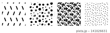 Airy organic seamless pattern set with abstract coral shapes and polka dots. Black doodle silhouettes and dash lines for print cover. Monochrome vector collection of tossed organic seamless motifs 141026631