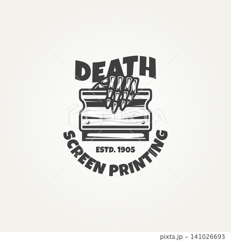 vintage screen printing with skeleton hand holding squeegees emblem logo template vector illustration design vintage screen printing with skeleton hand holding squeegees emblem logo template vector illustration design 141026693