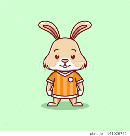 minimalist cute rabbit animal wearing soccer shirt cartoon flat icon vector Illustration design. simple modern cute rabbit isolated flat cartoon style 141026753