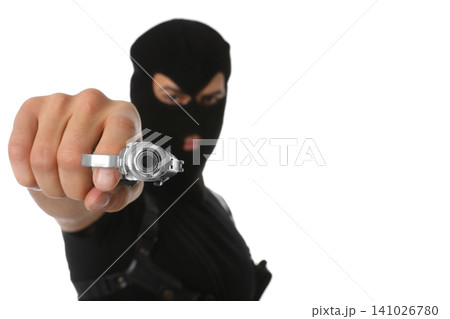 Professional killer with gun on white background Professional killer with gun on white background 141026780