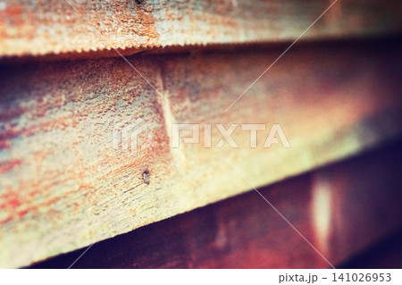Vintage, cabin and wall with wood material for old shed, shack and architecture design. Rough texture, timber and brown plank with panels for lodge, hardwood structure and closeup of building 141026953