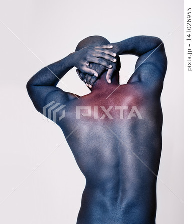 Man, back and neck pain with red glow, body and injury with muscle, tension or pressure on white background. Spine, bruise or strain with fitness, overlay for anatomy and burnout with ache in studio Man, back and neck pain with red glow, body and injury with muscle, tension or pressure on white background. Spine, bruise or strain with fitness, overlay for anatomy and burnout with ache in studio 141026955