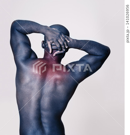 Back pain, red and man in studio stretching for health, wellness and fitness burnout on a white background. Bodybuilder, person or model with overlay for muscle, inflammation and workout or training 141026956