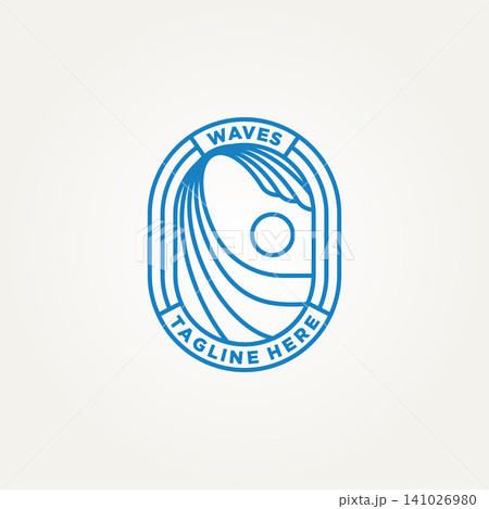 ripple wave minimalist badge line art logo template vector illustration design. simple modern surfer, surfboard manufacturers, resort hotels emblem logo concept 141026980