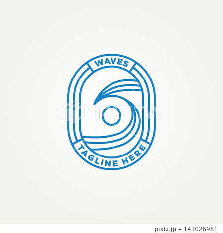 surf wave minimalist badge line art logo template vector illustration design. simple modern surfer, surfboard manufacturers, resort hotels emblem logo concept 141026981