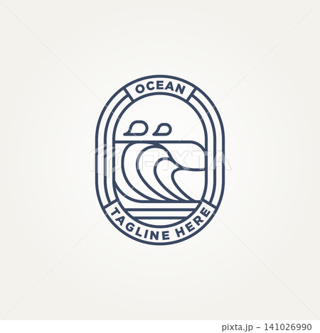 ocean wave minimalist badge line art logo template vector illustration design. simple modern surfer, resort hotels, holiday emblem logo concept 141026990