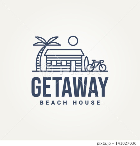 beach house minimalist line art logo template vector illustration design. simple modern homestay, hotel, beach resort logo concept 141027030