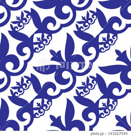 Seamless pattern with decorative ornament. Blue and white colors. Ethnic Asia national Seamless pattern ornament. For textile design, wallpaper, graphic art, ceramic, stencil, embroidery. Seamless pattern with decorative ornament. Blue and white colors. Ethnic Asia national Seamless pattern ornament. For textile design, wallpaper, graphic art, ceramic, stencil, embroidery. 141027045