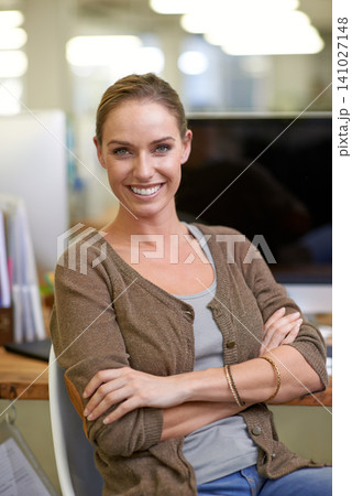 Happy, woman and consultant relax in portrait with arms crossed at call center in crm or customer service. Professional, employee and virtual assistant in technical support with feedback for client Happy, woman and consultant relax in portrait with arms crossed at call center in crm or customer service. Professional, employee and virtual assistant in technical support with feedback for client 141027148