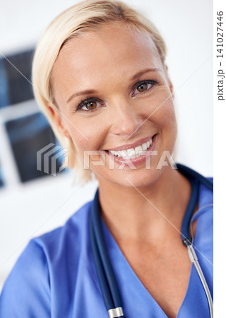 Face, nurse and xray in hospital for healthcare service, research and planning with happy results or exam. Portrait of woman in medical career with film sheet in radiology for health and solution 141027446
