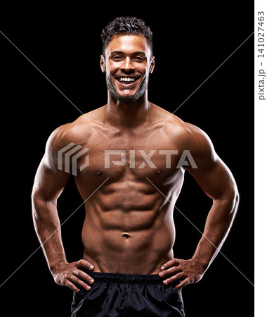 Fitness, portrait and man in studio with happy smile, confidence and workout routine in health, wellness and power. Muscle, pride and strong athlete on black background for exercise, results and care Fitness, portrait and man in studio with happy smile, confidence and workout routine in health, wellness and power. Muscle, pride and strong athlete on black background for exercise, results and care 141027463