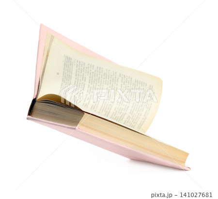 Open old book with pink cover isolated on white Open old book with pink cover isolated on white 141027681