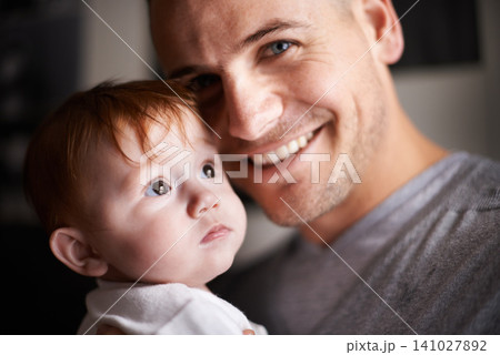 Happy, portrait or father and baby in a house with love, trust or child development, support or bonding. Family, face or dad with kid at home for learning, safety or morning games, gratitude or pride 141027892