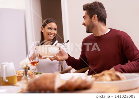 Smile, dinner and couple at table sharing food, and drinks for celebration in home. Social event, happy man and woman at thanksgiving lunch together with high angle, relax and romantic holiday date Smile, dinner and couple at table sharing food, and drinks for celebration in home. Social event, happy man and woman at thanksgiving lunch together with high angle, relax and romantic holiday date 141028005