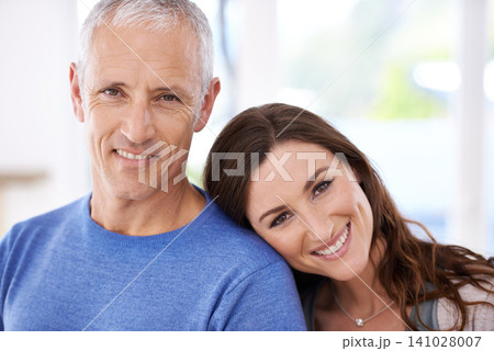 Happy, couple, and face with smile in portrait, love with unique relationship and support for trust at home. Senior man, young woman and marriage, commitment and loyalty with pride together. Happy, couple, and face with smile in portrait, love with unique relationship and support for trust at home. Senior man, young woman and marriage, commitment and loyalty with pride together. 141028007