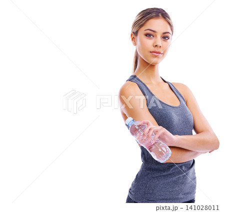 Happy woman, portrait and fitness with water bottle for hydration, workout or exercise on a white studio background. Female person or athlete with smile and natural mineral drink on mockup space 141028011