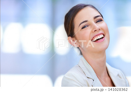 Professional woman, portrait and laughing with confidence for job, career and excited for human resources. Face of business person or employee on blurred background with smile, funny and mockup 141028362