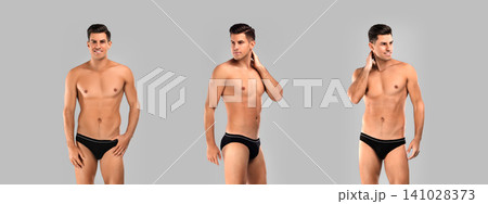 Collage of man in underwear on grey background Collage of man in underwear on grey background 141028373