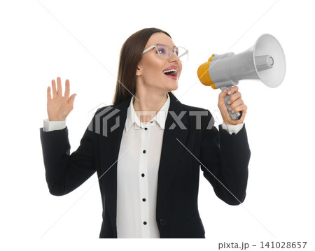 Young woman with megaphone on white background Young woman with megaphone on white background 141028657