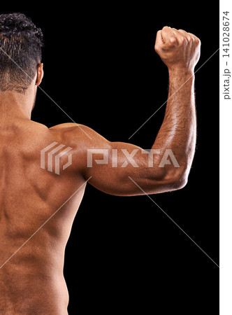 Fitness, back and man in studio with bicep, muscle and workout routine for health, wellness or power. Strong, ripped athlete or bodybuilder on black background for exercise, results and muscular body 141028674