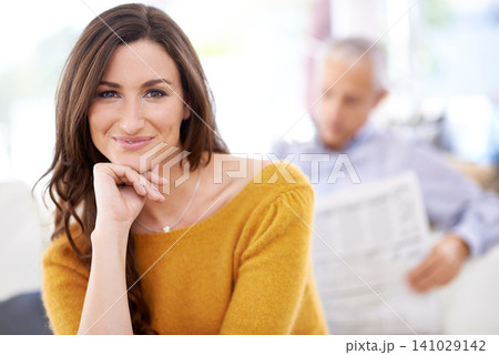 Woman, smile and portrait at home in the morning on living room sofa with confidence. Female person, happy and couple in house with marriage and love on couch with relationship in a lounge on a break Woman, smile and portrait at home in the morning on living room sofa with confidence. Female person, happy and couple in house with marriage and love on couch with relationship in a lounge on a break 141029142
