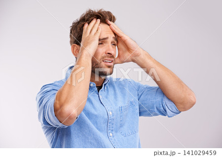Stress, panic or sad man with hands on face in studio frustrated by fail, accident or mistake on white background. Anxiety, depression or model overthinking trauma, conflict or overwhelmed by loss Stress, panic or sad man with hands on face in studio frustrated by fail, accident or mistake on white background. Anxiety, depression or model overthinking trauma, conflict or overwhelmed by loss 141029459