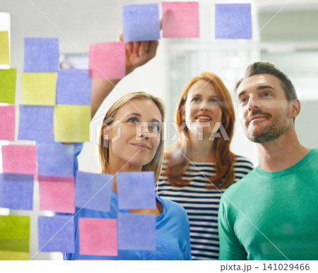 Woman, point and notes on glass with teamwork for planning, review and happy for ideas in modern office. Business people, moodboard and smile with man, group and thinking at creative media startup Woman, point and notes on glass with teamwork for planning, review and happy for ideas in modern office. Business people, moodboard and smile with man, group and thinking at creative media startup 141029466