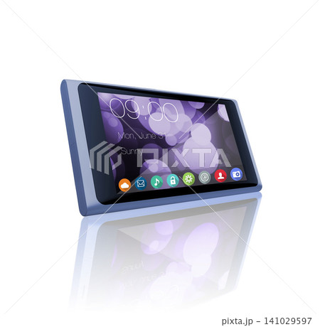 Phone screen, technology and icons of mobile in studio isolated on a white background mockup space. Smartphone, cellphone and display of digital electronics, software or online app ui with reflection 141029597