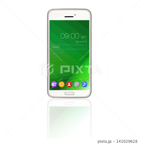 Smartphone screen, technology and ui on mobile in studio isolated on white background mockup. Phone, cellphone and display of electronics, software or search bar app icons with time on reflection Smartphone screen, technology and ui on mobile in studio isolated on white background mockup. Phone, cellphone and display of electronics, software or search bar app icons with time on reflection 141029628