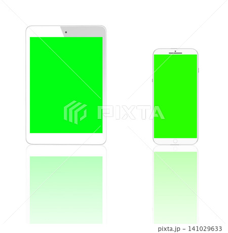 Tablet, studio and greenscreen with cellphone, mockup and data with mobile interface. High tech, logo and screen for space, connectivity and futuristic social electronics isolated on white background 141029633