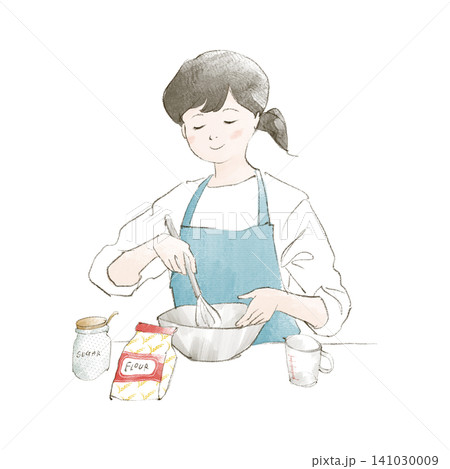 ボウルと泡立て器でお菓子作りをする女性の手描きイラスト 141030009