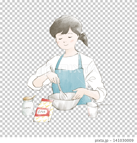 ボウルと泡立て器でお菓子作りをする女性の手描きイラスト 141030009