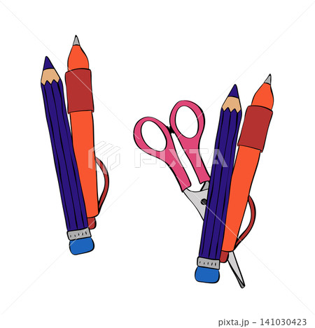 Classic Writing Tools Set School composition colored hand drawn illustration. Vector graphic line ink art. For logo, web, package, sticker. Design for package, cosmetic, textile, cards. Classic Writing Tools Set School composition colored hand drawn illustration. Vector graphic line ink art. For logo, web, package, sticker. Design for package, cosmetic, textile, cards. 141030423