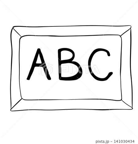 Letters A B C text written on chalkboard School composition Black and white hand drawn illustration. Vector graphic line ink art. classroom concept For logo, web, package, sticker. 141030434