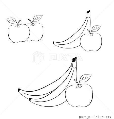Red Apple and Bananas Bunch School composition Black and white hand drawn illustration. Vector graphic line ink art. For poster, invitation, backdrop, ad, sale promotion, print for t-shirt Red Apple and Bananas Bunch School composition Black and white hand drawn illustration. Vector graphic line ink art. For poster, invitation, backdrop, ad, sale promotion, print for t-shirt 141030435