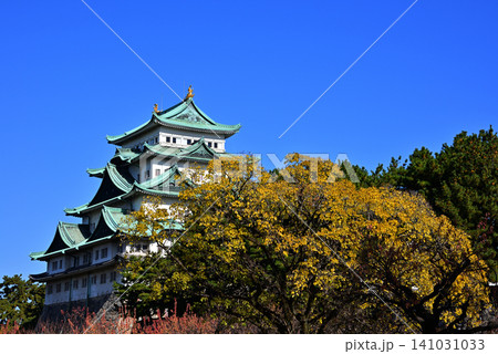 鮮やかな青空と秋の木々に彩られた名古屋城天守1 141031033