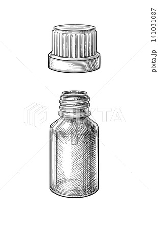 Glass essential oil bottle with cap. Ink sketch. Glass essential oil bottle with cap. Ink sketch. 141031087